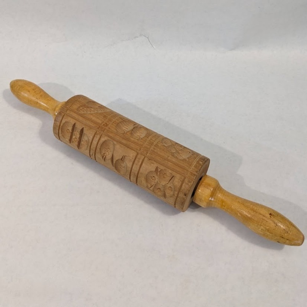 Vintage Wooden Springerle Rolling Pin Carved Bird Butterfly Flower Cookie Mold